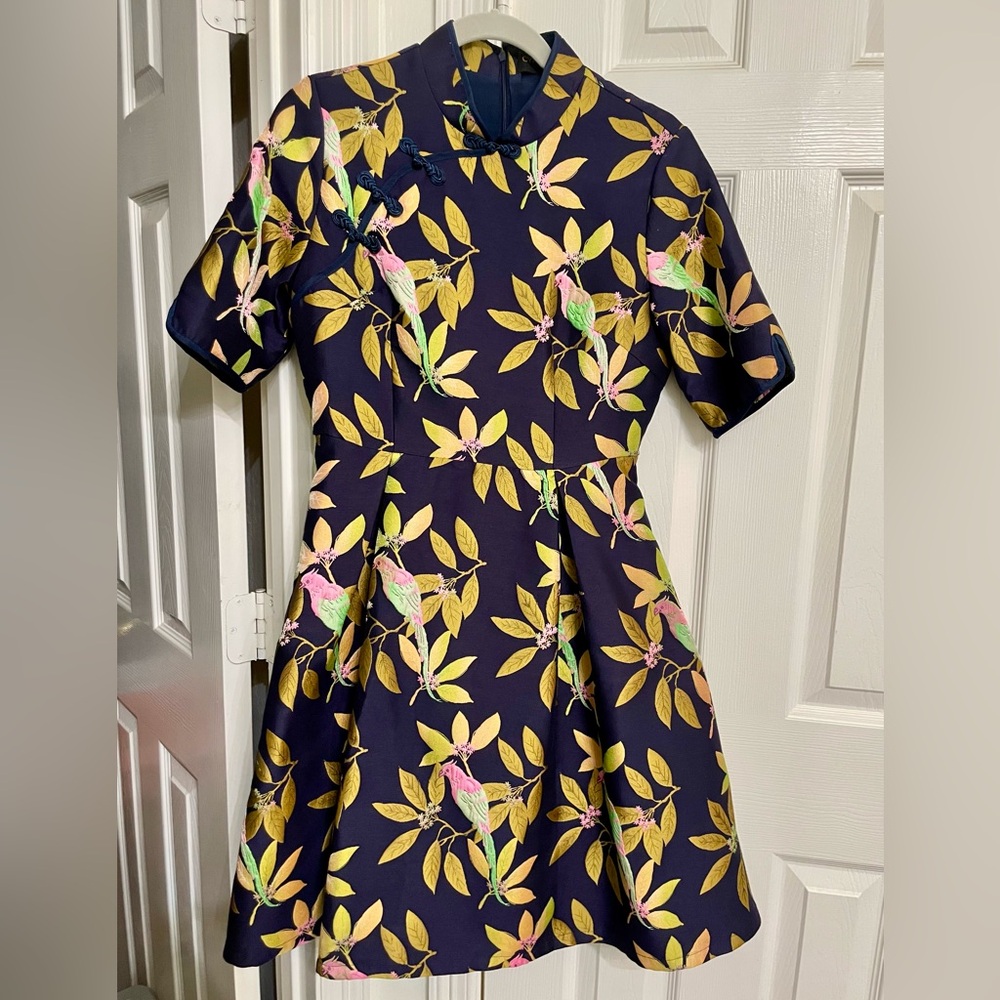 Navy Fit & Flare Jacquard Dress featuring bird and leaf print & mandarin collar